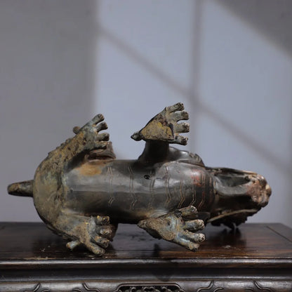 12"Tibetan Temple Collection Old Bronze Cinnabar Mud gold Kylin Beast Statue Amass wealth Ornaments Worship Hall Town house