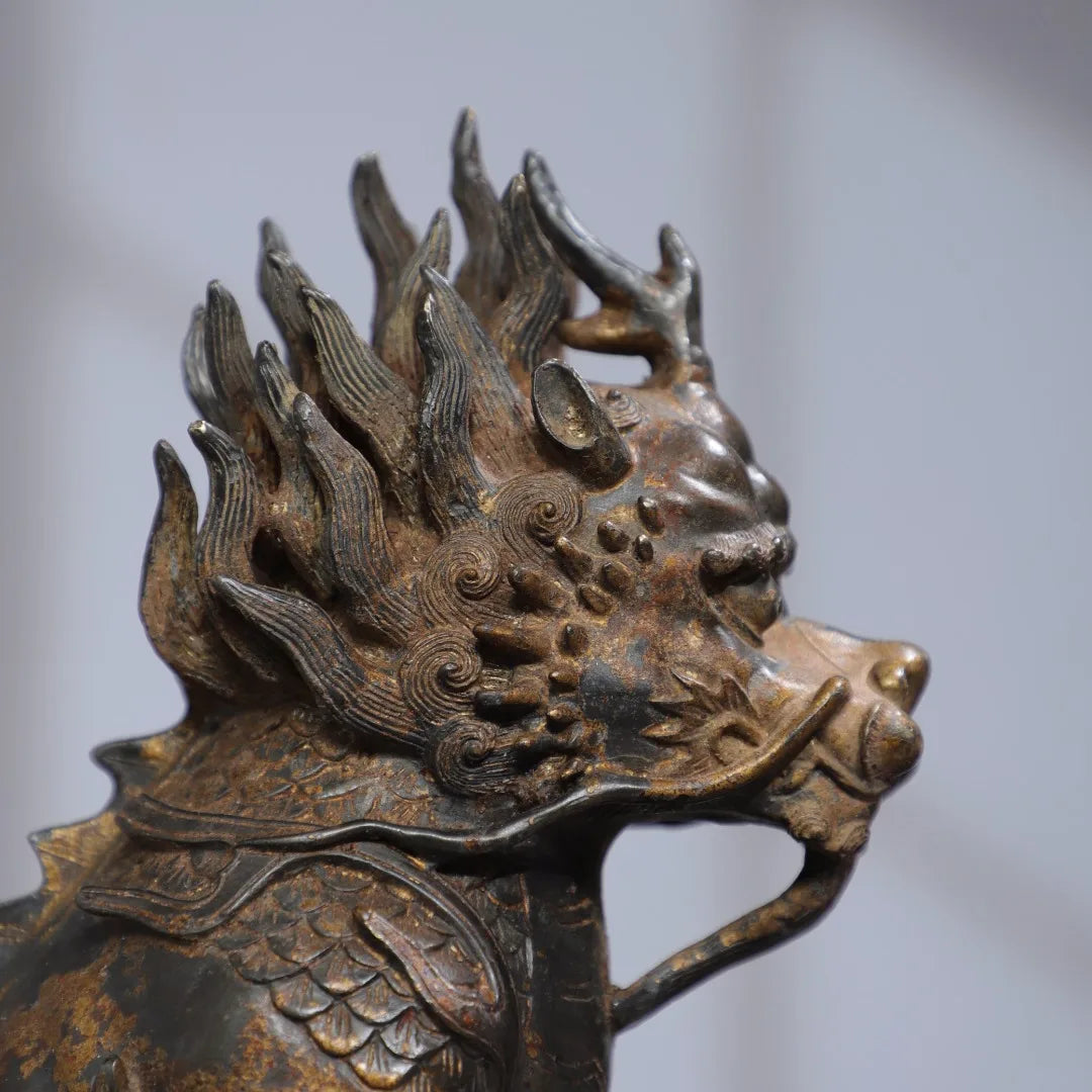 12"Tibetan Temple Collection Old Bronze Cinnabar Mud gold Kylin Beast Statue Amass wealth Ornaments Worship Hall Town house
