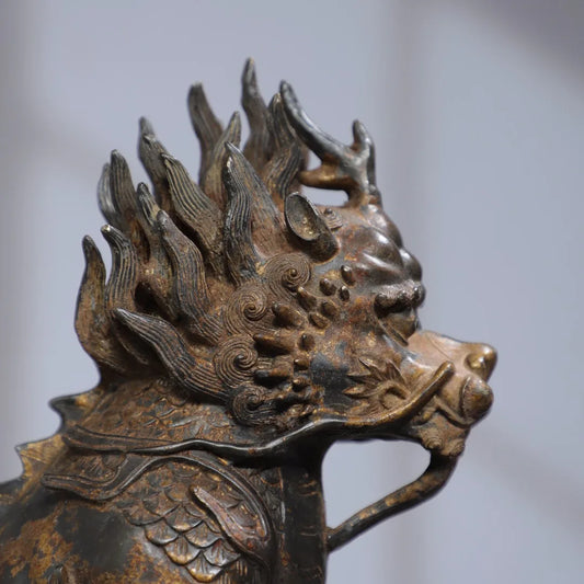 12"Tibetan Temple Collection Old Bronze Cinnabar Mud gold Kylin Beast Statue Amass wealth Ornaments Worship Hall Town house
