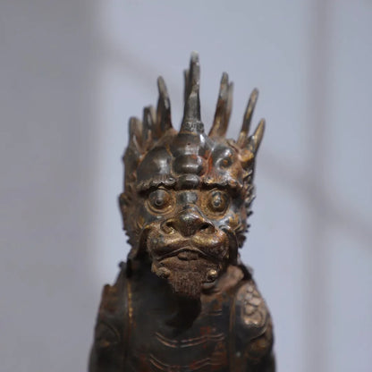 12"Tibetan Temple Collection Old Bronze Cinnabar Mud gold Kylin Beast Statue Amass wealth Ornaments Worship Hall Town house