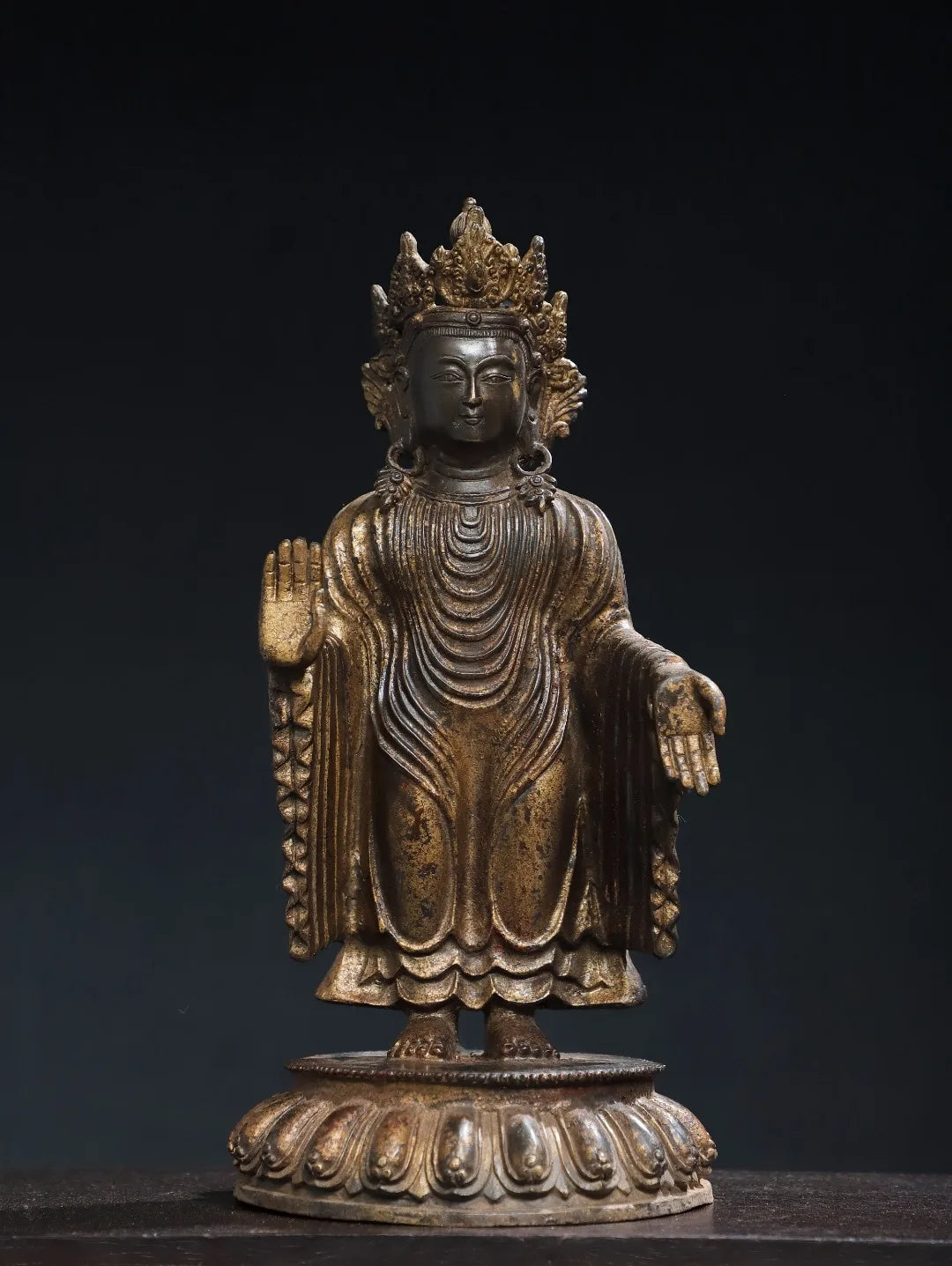 12"Tibetan Temple Collection Old Bronze Cinnabar Mud gold Northern Wei Buddha Nanhai Guanyin Buddha Lotus Platform Worship Hall