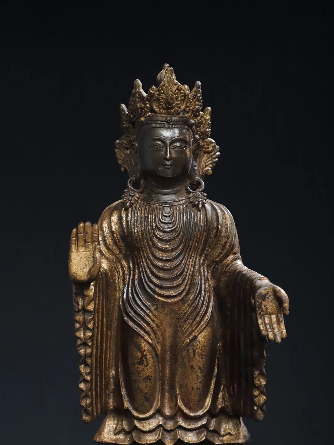 12"Tibetan Temple Collection Old Bronze Cinnabar Mud gold Northern Wei Buddha Nanhai Guanyin Buddha Lotus Platform Worship Hall