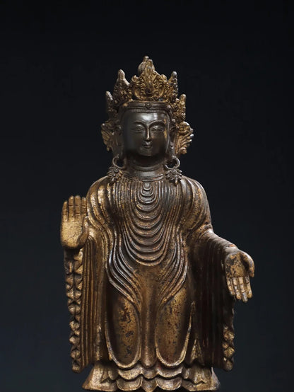 12"Tibetan Temple Collection Old Bronze Cinnabar Mud gold Northern Wei Buddha Nanhai Guanyin Buddha Lotus Platform Worship Hall