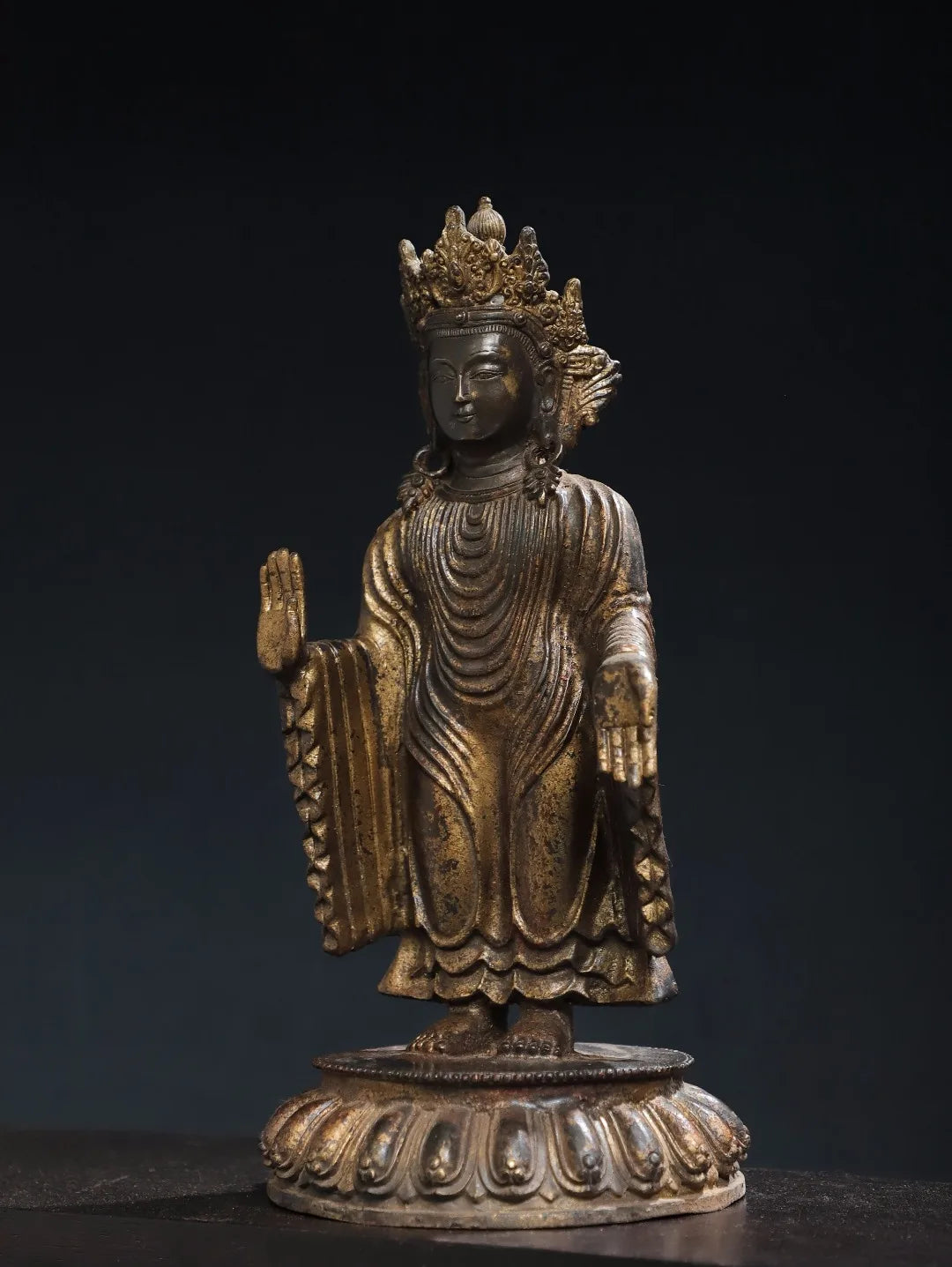 12"Tibetan Temple Collection Old Bronze Cinnabar Mud gold Northern Wei Buddha Nanhai Guanyin Buddha Lotus Platform Worship Hall