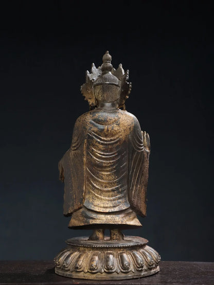 12"Tibetan Temple Collection Old Bronze Cinnabar Mud gold Northern Wei Buddha Nanhai Guanyin Buddha Lotus Platform Worship Hall