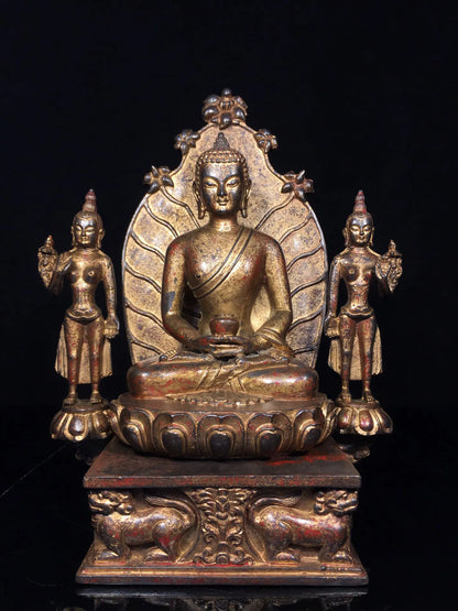 12"Tibetan Temple Collection Old Bronze Cinnabar Mud gold Northern Wei Buddha Shakyamuni Backlight Worship Hall Town house