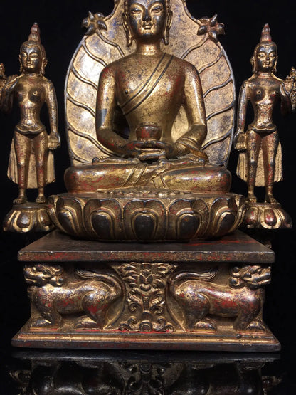 12"Tibetan Temple Collection Old Bronze Cinnabar Mud gold Northern Wei Buddha Shakyamuni Backlight Worship Hall Town house