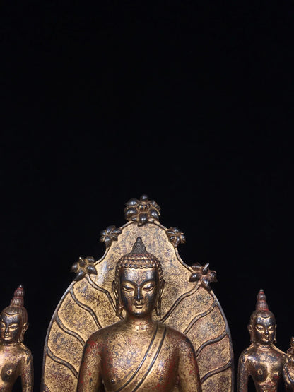 12"Tibetan Temple Collection Old Bronze Cinnabar Mud gold Northern Wei Buddha Shakyamuni Backlight Worship Hall Town house