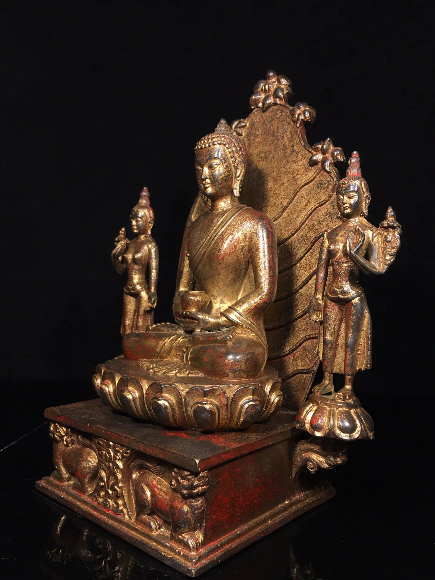 12"Tibetan Temple Collection Old Bronze Cinnabar Mud gold Northern Wei Buddha Shakyamuni Backlight Worship Hall Town house
