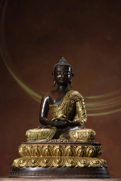 12"Tibetan Temple Collection Old Bronze Cinnabar Mud gold Shakyamuni Sitting Buddha lotus platform Worship Hall Town house