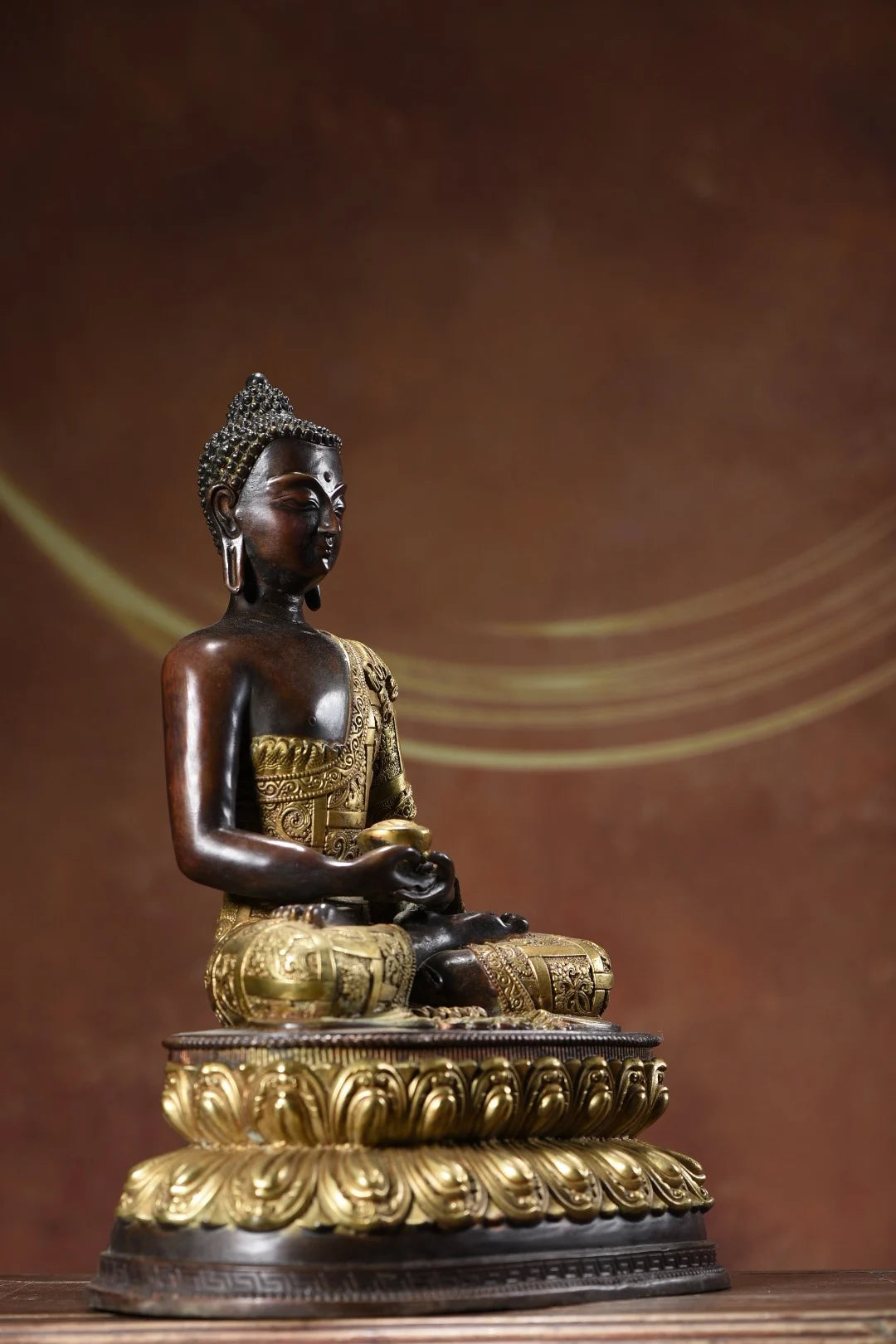12"Tibetan Temple Collection Old Bronze Cinnabar Mud gold Shakyamuni Sitting Buddha lotus platform Worship Hall Town house