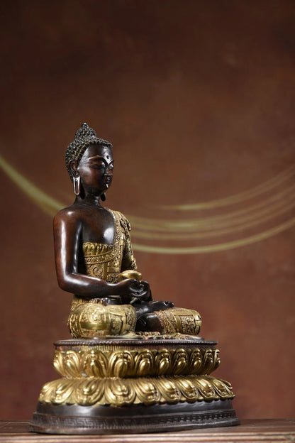 12"Tibetan Temple Collection Old Bronze Cinnabar Mud gold Shakyamuni Sitting Buddha lotus platform Worship Hall Town house