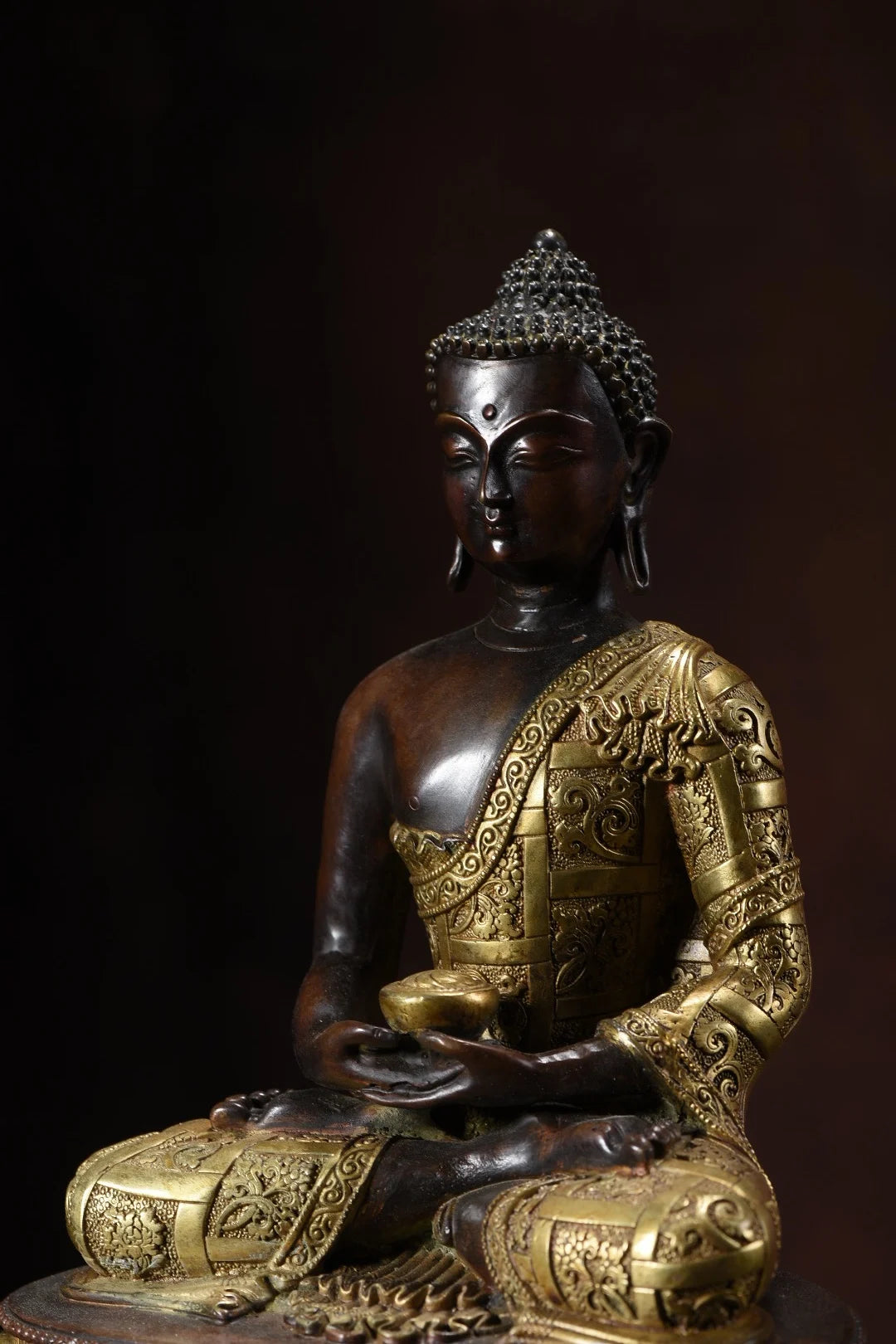 12"Tibetan Temple Collection Old Bronze Cinnabar Mud gold Shakyamuni Sitting Buddha lotus platform Worship Hall Town house