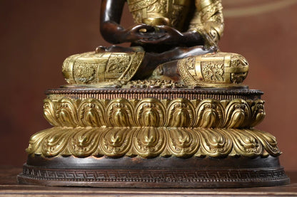 12"Tibetan Temple Collection Old Bronze Cinnabar Mud gold Shakyamuni Sitting Buddha lotus platform Worship Hall Town house
