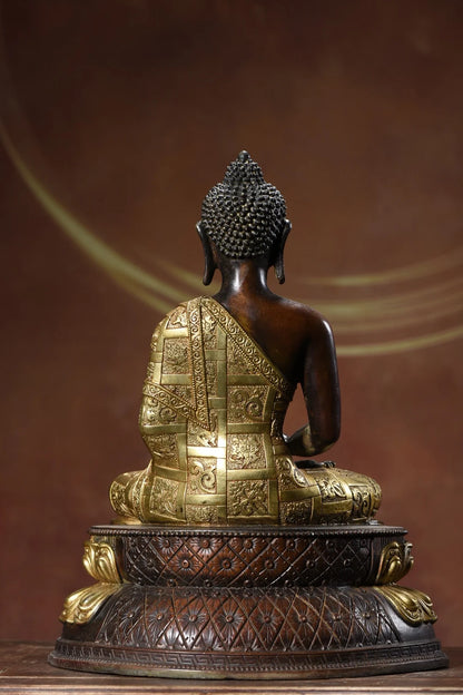 12"Tibetan Temple Collection Old Bronze Cinnabar Mud gold Shakyamuni Sitting Buddha lotus platform Worship Hall Town house