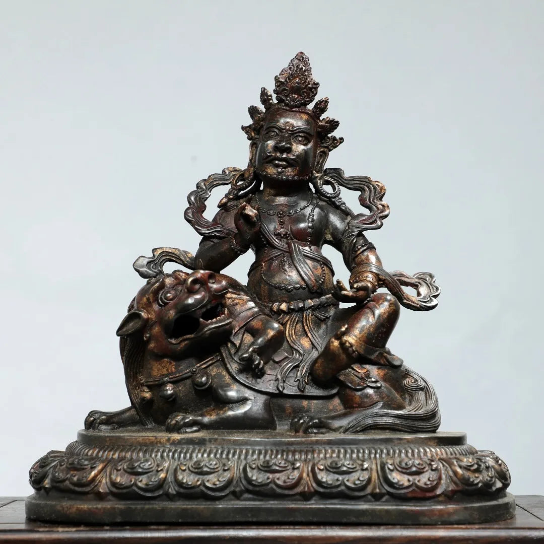 12"Tibetan Temple Collection Old Bronze Cinnabar Mud gold Vaisravana Treasure King Sitting God Beast Buddha Worship Hall