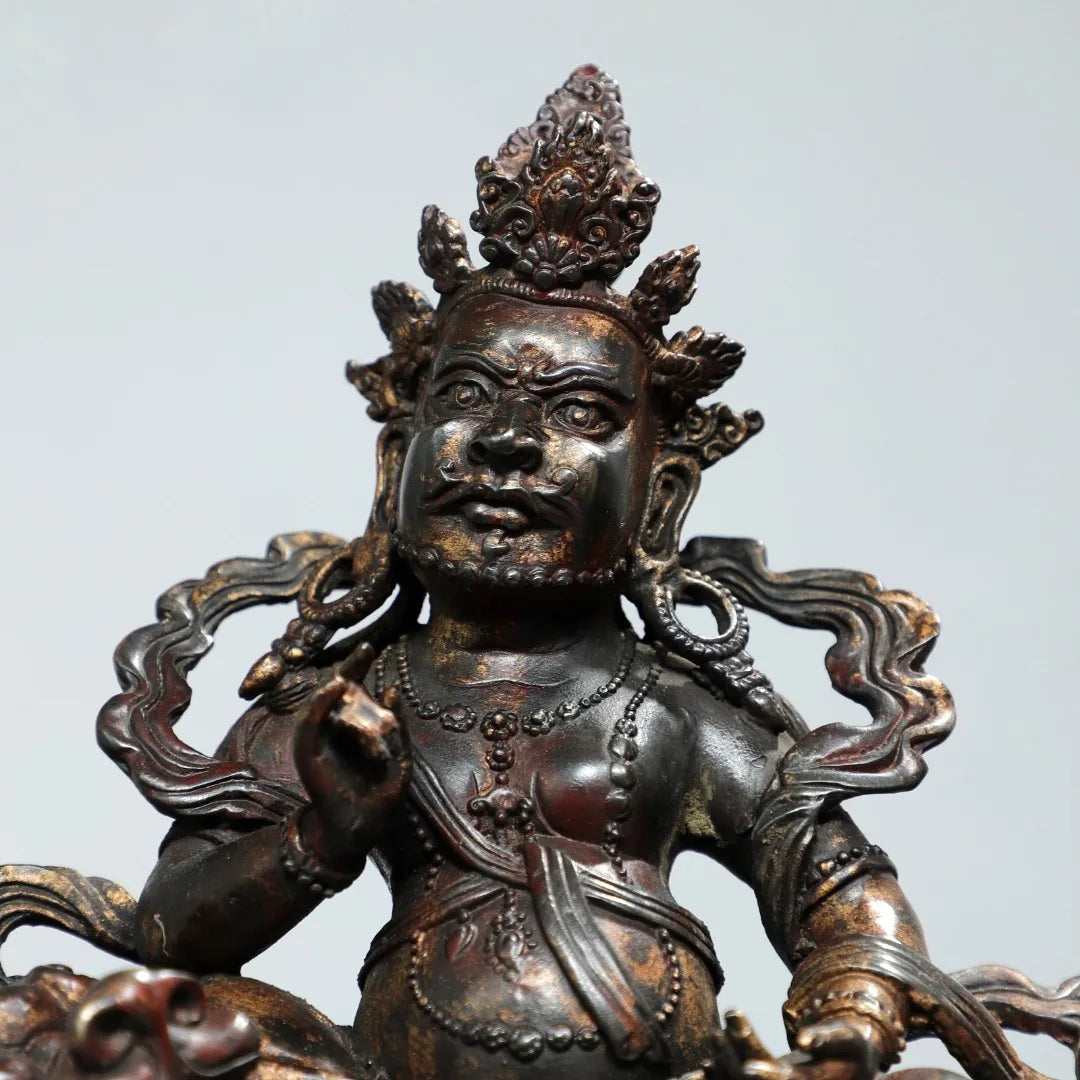 12"Tibetan Temple Collection Old Bronze Cinnabar Mud gold Vaisravana Treasure King Sitting God Beast Buddha Worship Hall