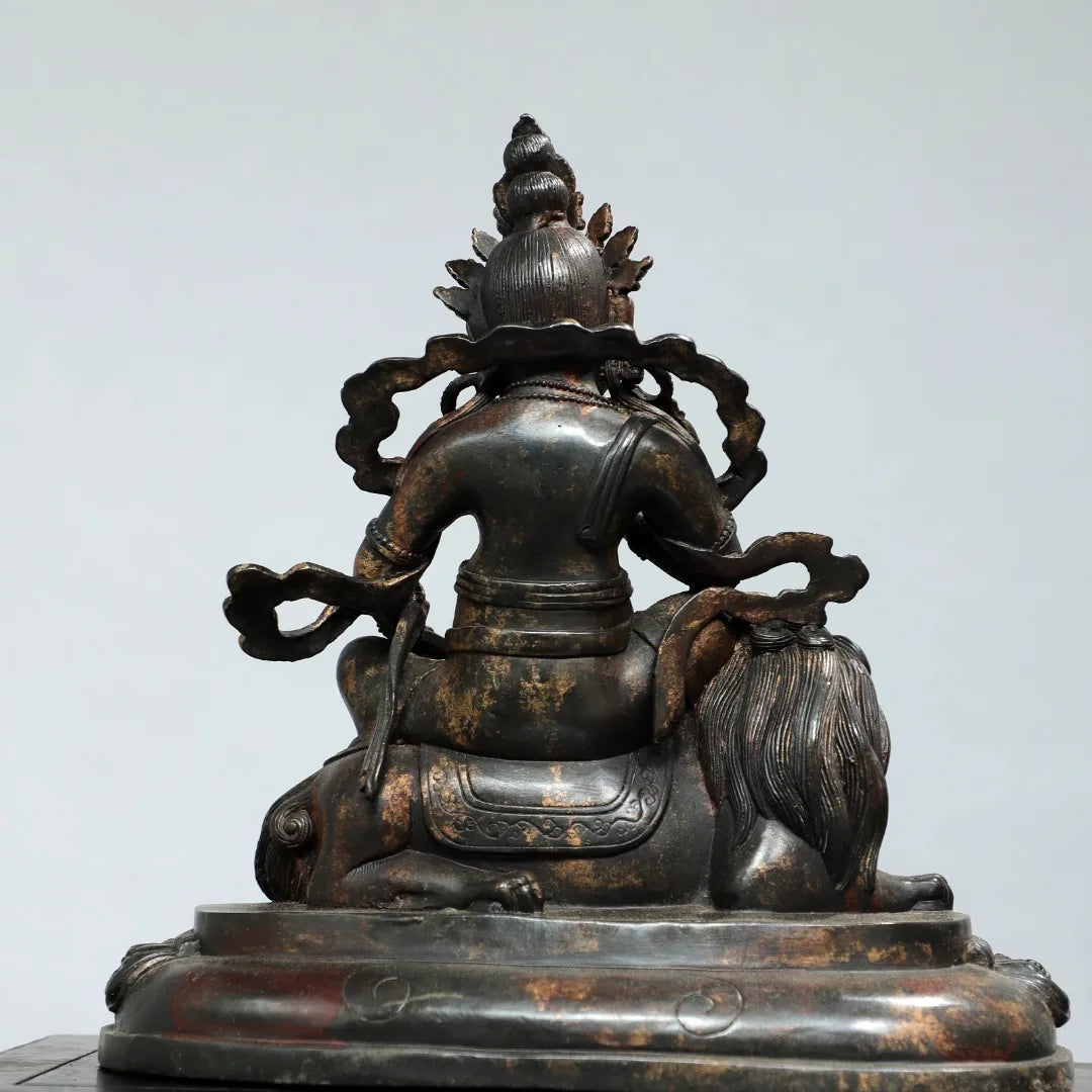 12"Tibetan Temple Collection Old Bronze Cinnabar Mud gold Vaisravana Treasure King Sitting God Beast Buddha Worship Hall