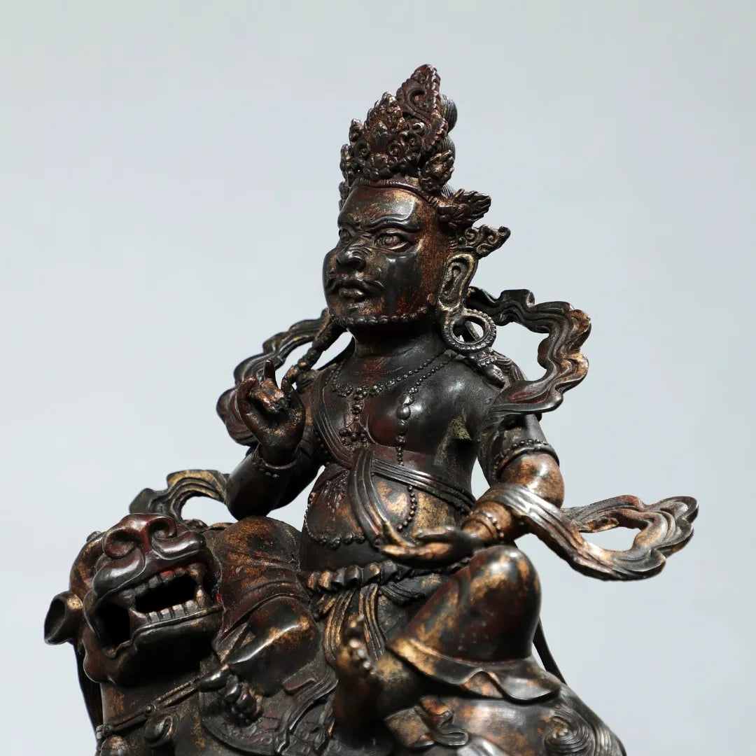 12"Tibetan Temple Collection Old Bronze Cinnabar Mud gold Vaisravana Treasure King Sitting God Beast Buddha Worship Hall