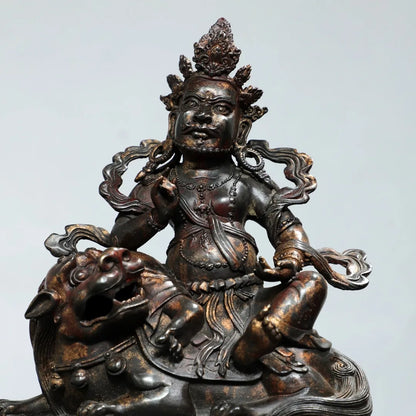12"Tibetan Temple Collection Old Bronze Cinnabar Mud gold Vaisravana Treasure King Sitting God Beast Buddha Worship Hall