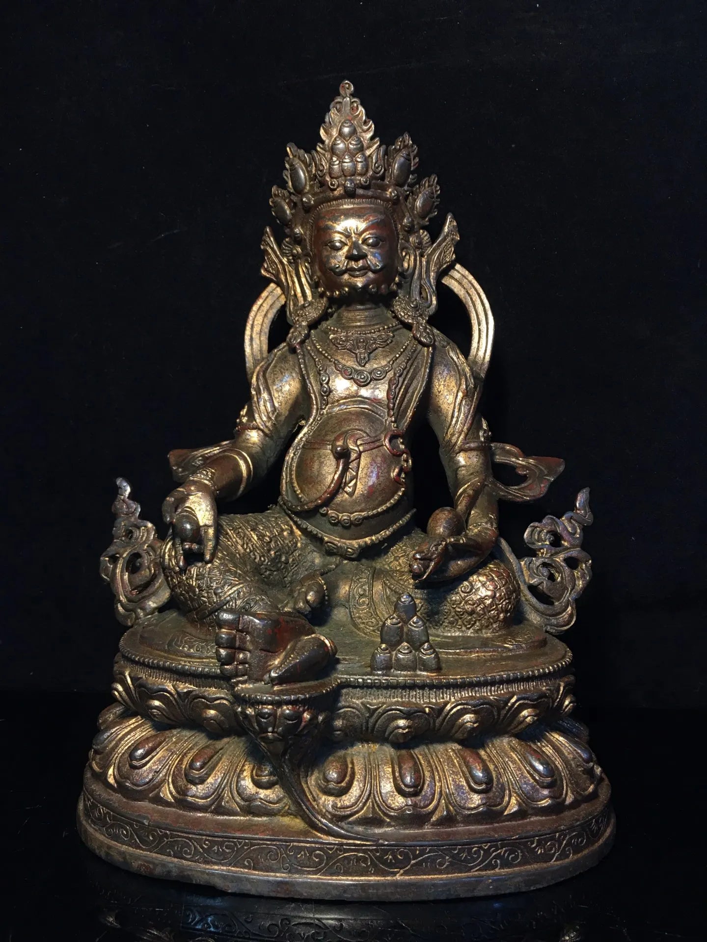 12"Tibetan Temple Collection Old Bronze Cinnabar Mud gold Yellow God of Wealth Buddha Huang Caishen lotus platform worship hall