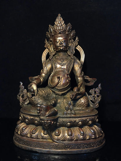 12"Tibetan Temple Collection Old Bronze Cinnabar Mud gold Yellow God of Wealth Buddha Huang Caishen lotus platform worship hall