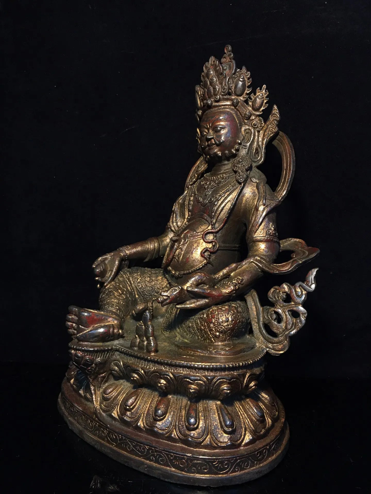 12"Tibetan Temple Collection Old Bronze Cinnabar Mud gold Yellow God of Wealth Buddha Huang Caishen lotus platform worship hall