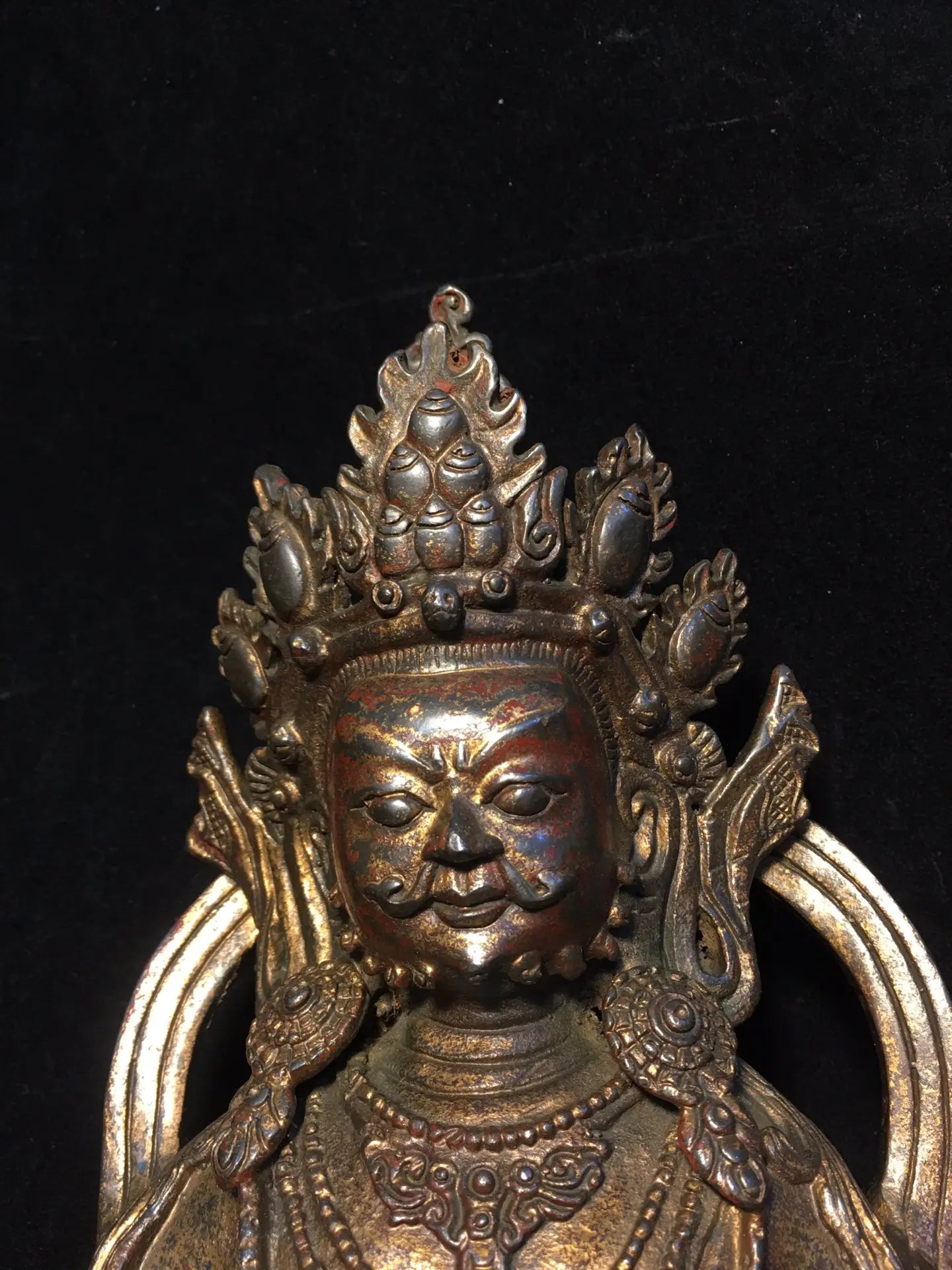 12"Tibetan Temple Collection Old Bronze Cinnabar Mud gold Yellow God of Wealth Buddha Huang Caishen lotus platform worship hall