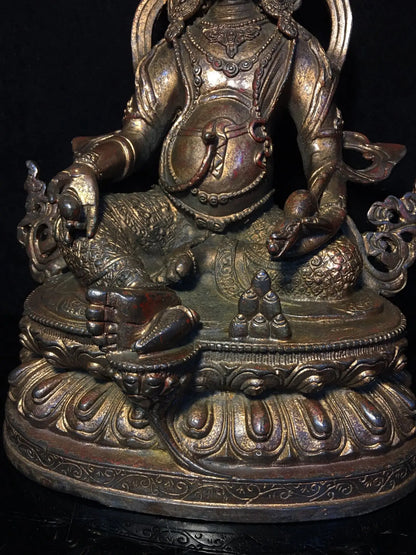 12"Tibetan Temple Collection Old Bronze Cinnabar Mud gold Yellow God of Wealth Buddha Huang Caishen lotus platform worship hall
