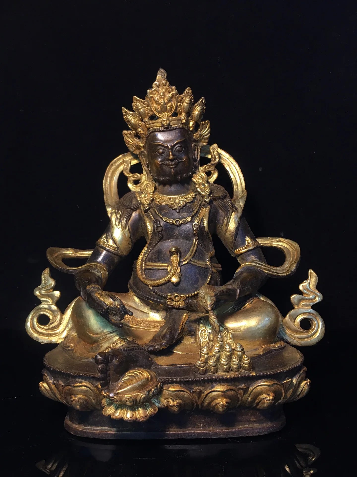 12"Tibetan Temple Collection Old Bronze Cinnabar Mud gold Yellow Jambhala God of Wealth Buddha lotus platform Worship Hall
