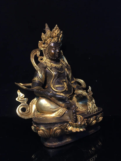12"Tibetan Temple Collection Old Bronze Cinnabar Mud gold Yellow Jambhala God of Wealth Buddha lotus platform Worship Hall