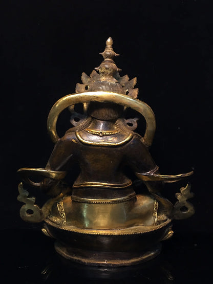12"Tibetan Temple Collection Old Bronze Cinnabar Mud gold Yellow Jambhala God of Wealth Buddha lotus platform Worship Hall