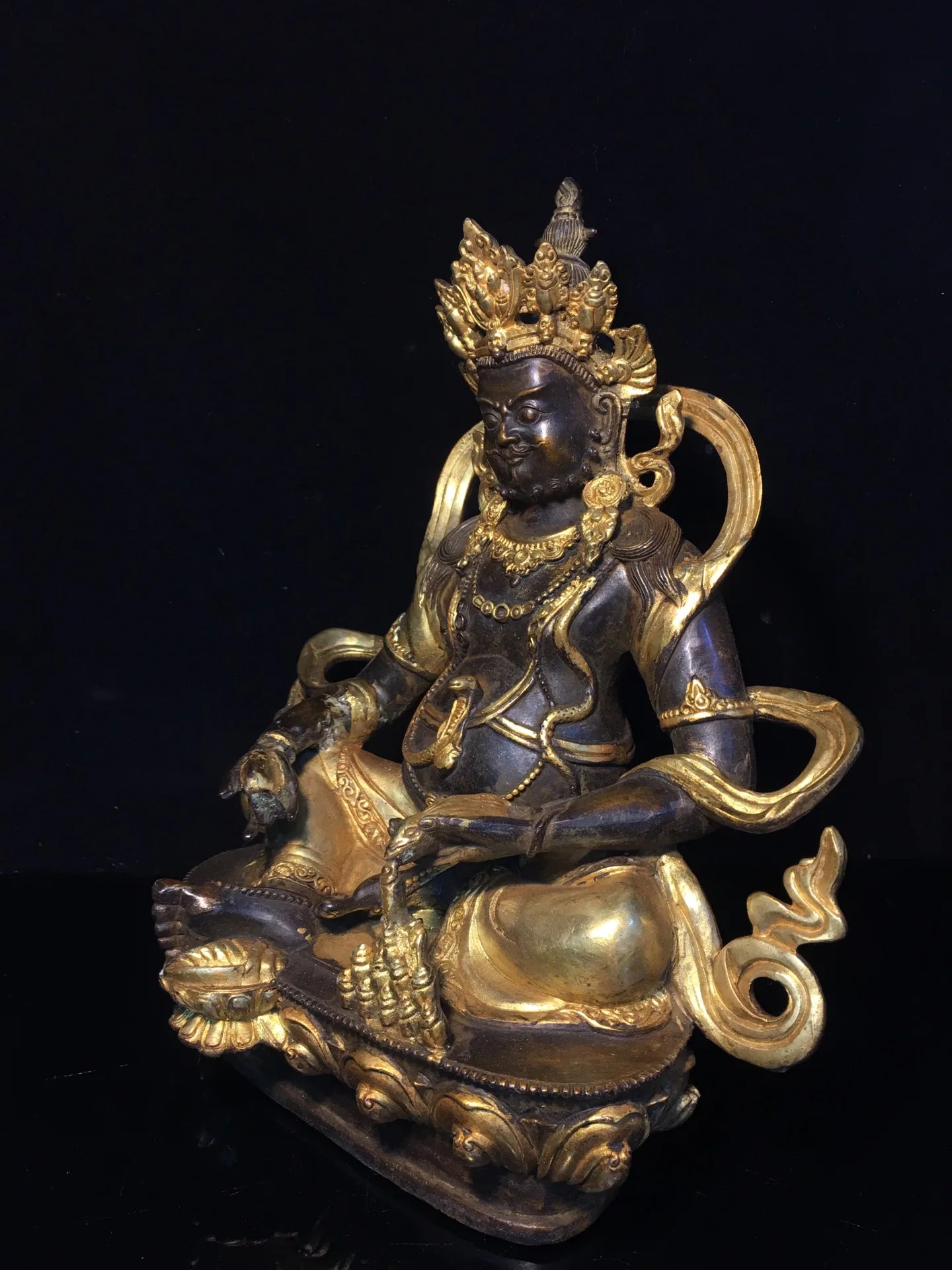 12"Tibetan Temple Collection Old Bronze Cinnabar Mud gold Yellow Jambhala God of Wealth Buddha lotus platform Worship Hall