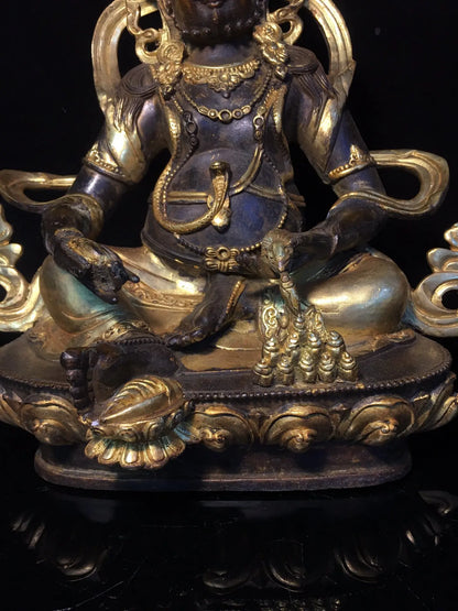 12"Tibetan Temple Collection Old Bronze Cinnabar Mud gold Yellow Jambhala God of Wealth Buddha lotus platform Worship Hall