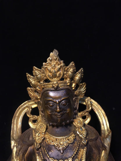 12"Tibetan Temple Collection Old Bronze Cinnabar Mud gold Yellow Jambhala God of Wealth Buddha lotus platform Worship Hall