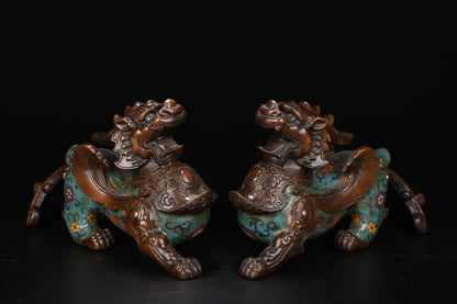 12"Tibetan Temple Collection Old Bronze Cloisonne Brave Troops statue A pair Unicorn Office Ornaments Town House Exorcism