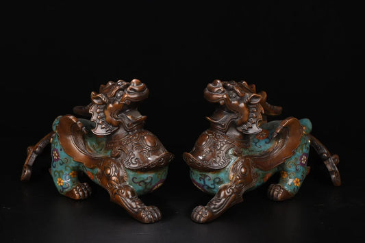 12"Tibetan Temple Collection Old Bronze Cloisonne Brave Troops statue A pair Unicorn Office Ornaments Town House Exorcism