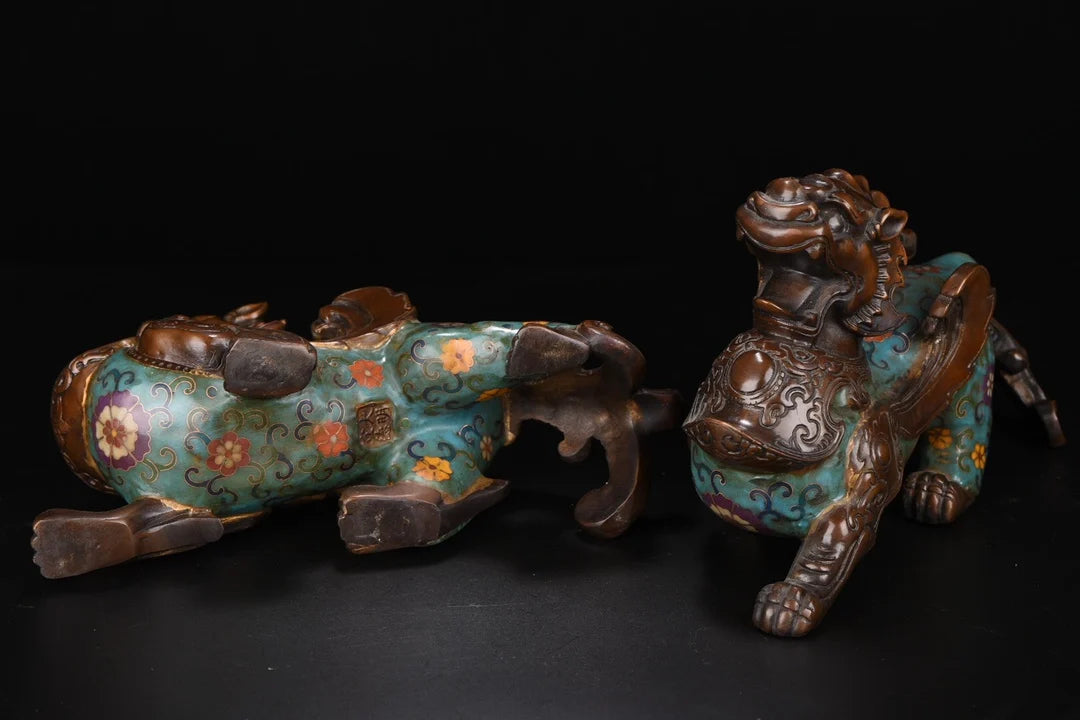 12"Tibetan Temple Collection Old Bronze Cloisonne Brave Troops statue A pair Unicorn Office Ornaments Town House Exorcism