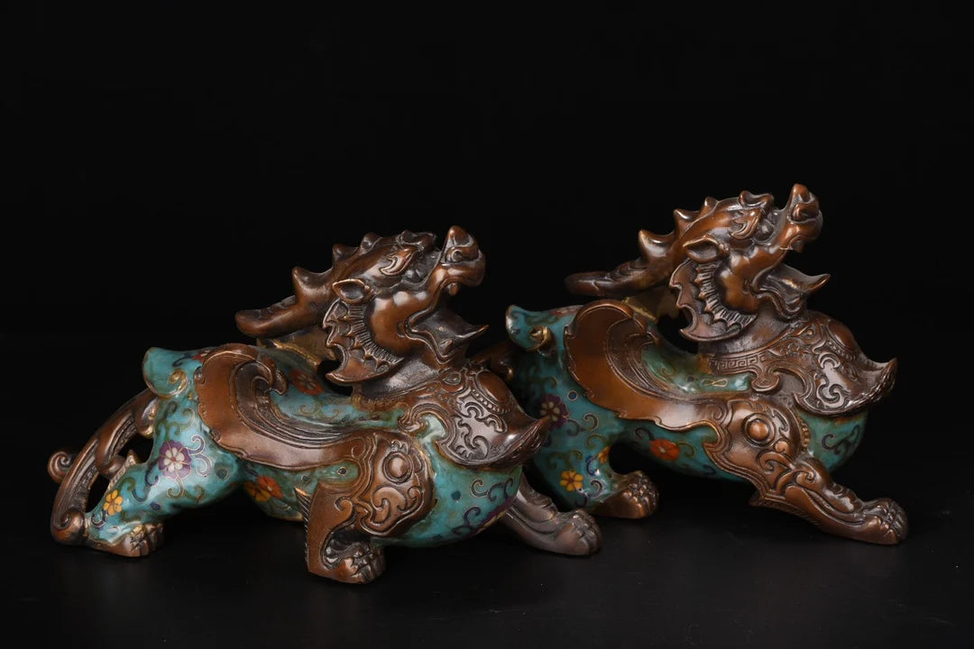 12"Tibetan Temple Collection Old Bronze Cloisonne Brave Troops statue A pair Unicorn Office Ornaments Town House Exorcism