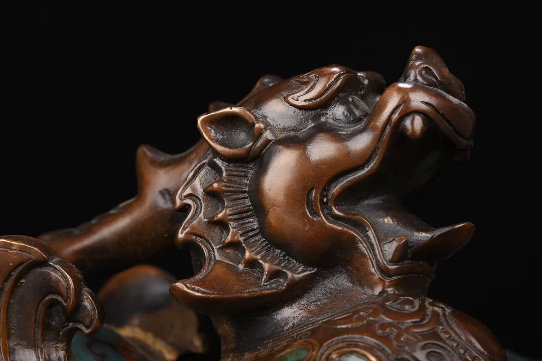 12"Tibetan Temple Collection Old Bronze Cloisonne Brave Troops statue A pair Unicorn Office Ornaments Town House Exorcism