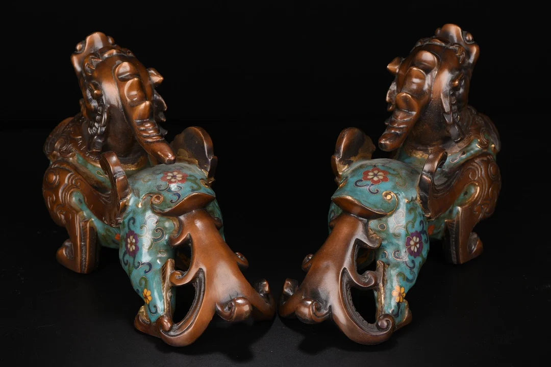 12"Tibetan Temple Collection Old Bronze Cloisonne Brave Troops statue A pair Unicorn Office Ornaments Town House Exorcism