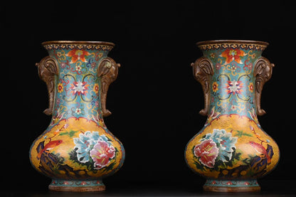 12"Tibetan Temple Collection Old Bronze Cloisonne Enamel Elephant Trunk Ear Flowe Texture Vase A pair Ornaments Town house
