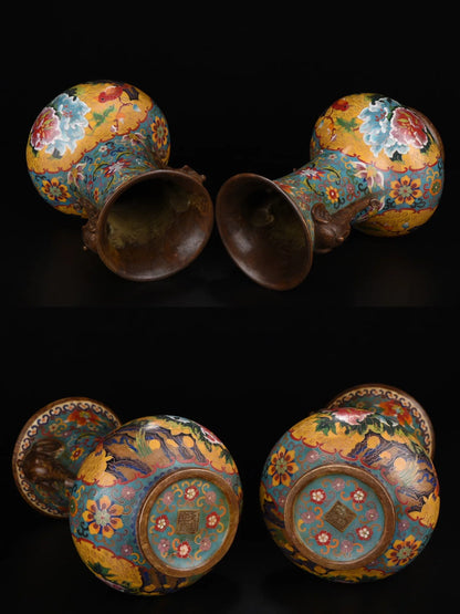 12"Tibetan Temple Collection Old Bronze Cloisonne Enamel Elephant Trunk Ear Flowe Texture Vase A pair Ornaments Town house