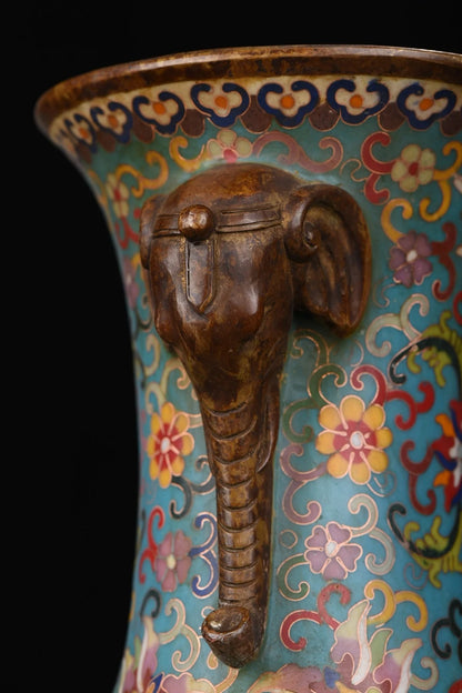 12"Tibetan Temple Collection Old Bronze Cloisonne Enamel Elephant Trunk Ear Flowe Texture Vase A pair Ornaments Town house