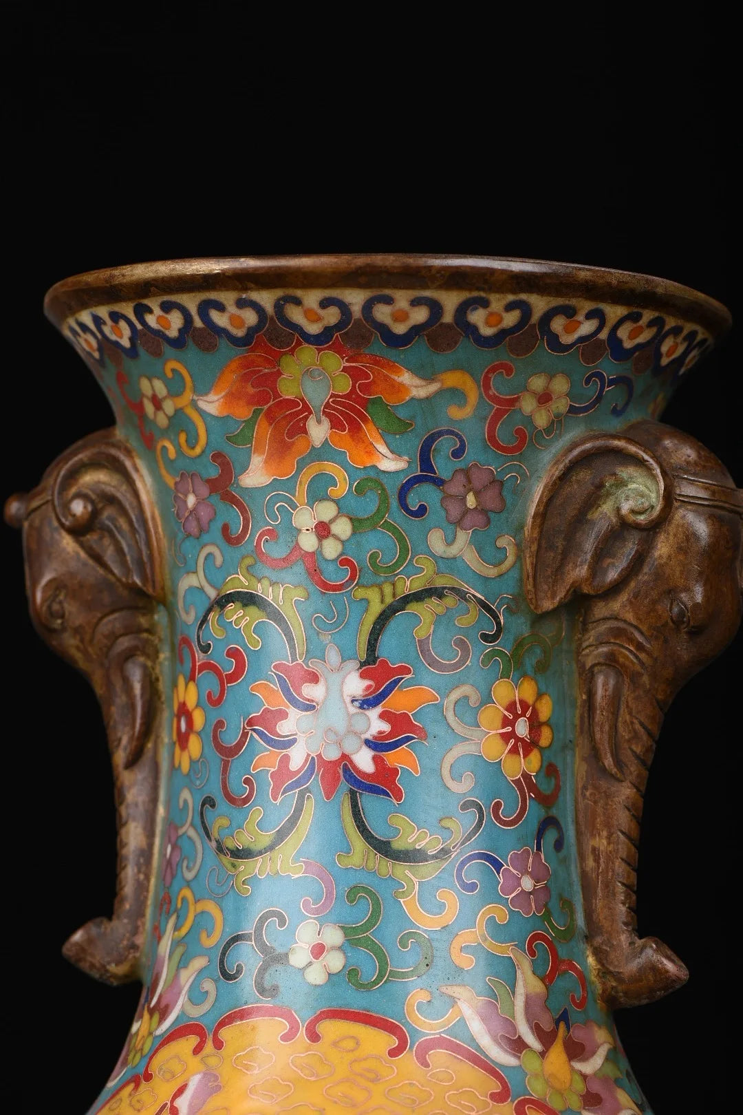 12"Tibetan Temple Collection Old Bronze Cloisonne Enamel Elephant Trunk Ear Flowe Texture Vase A pair Ornaments Town house