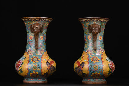 12"Tibetan Temple Collection Old Bronze Cloisonne Enamel Elephant Trunk Ear Flowe Texture Vase A pair Ornaments Town house