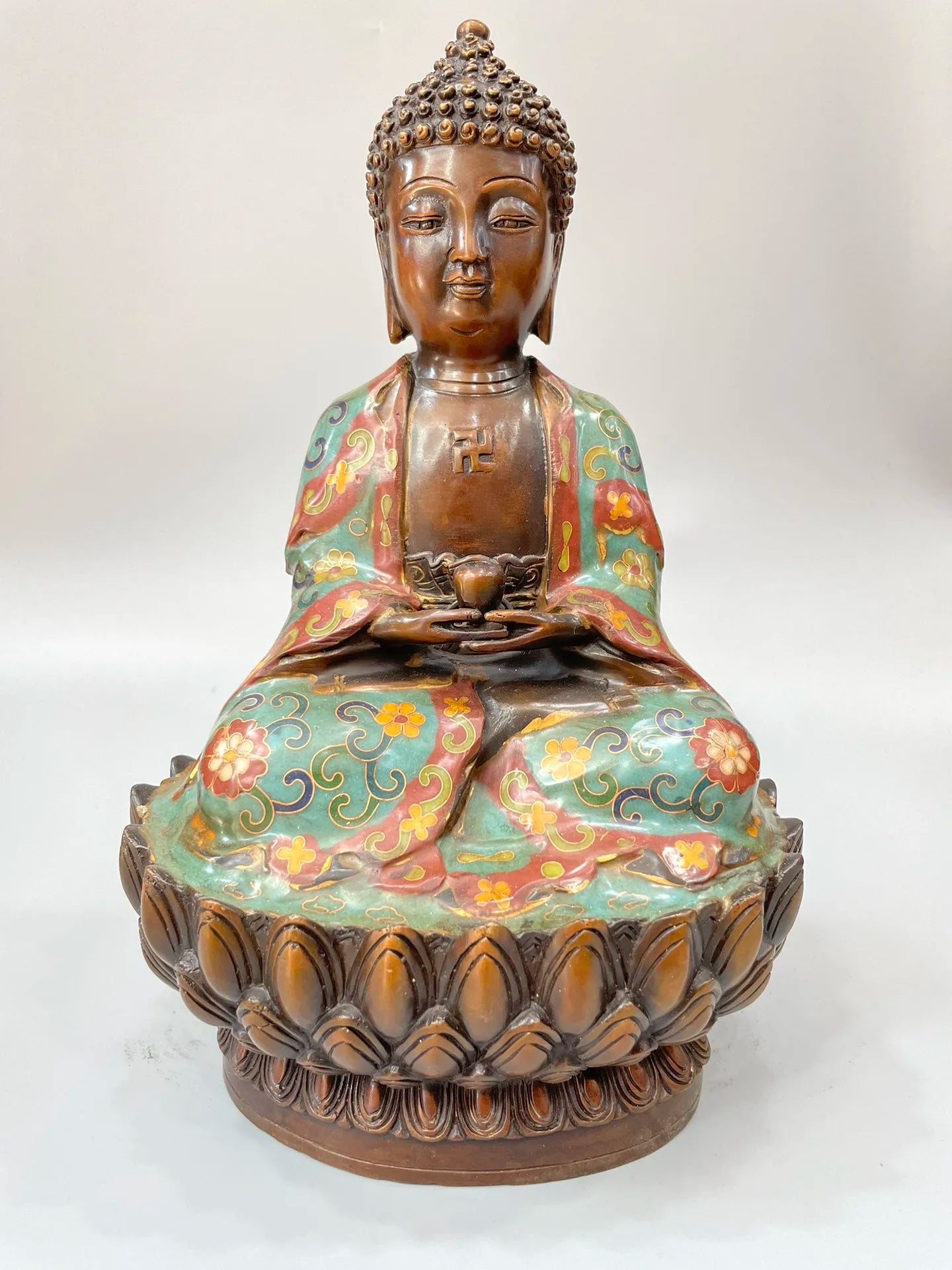 12"Tibetan Temple Collection Old Bronze Cloisonne Enamel Floral Lotus Terrace Buddha  Shakyamuni Amitabha Buddha Ornament