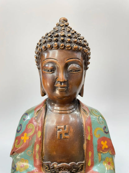 12"Tibetan Temple Collection Old Bronze Cloisonne Enamel Floral Lotus Terrace Buddha  Shakyamuni Amitabha Buddha Ornament
