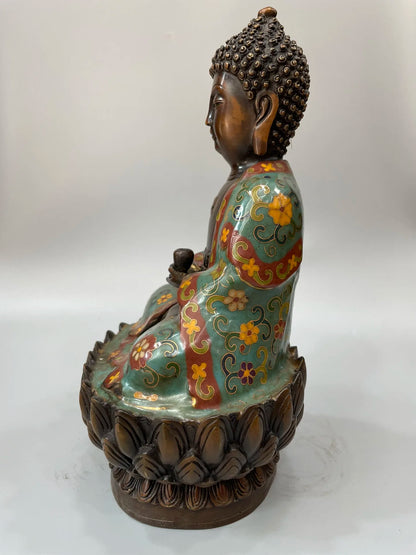 12"Tibetan Temple Collection Old Bronze Cloisonne Enamel Floral Lotus Terrace Buddha  Shakyamuni Amitabha Buddha Ornament