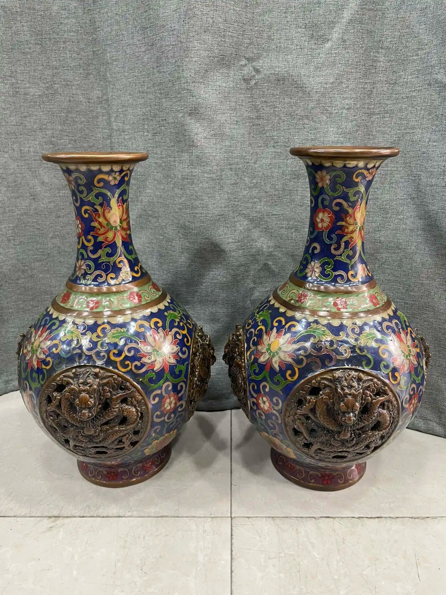 12"Tibetan Temple Collection Old Bronze Cloisonne Enamel Four Dragon Hollow Out Pattern Vase A Pair Big bellied Bottle Ornaments
